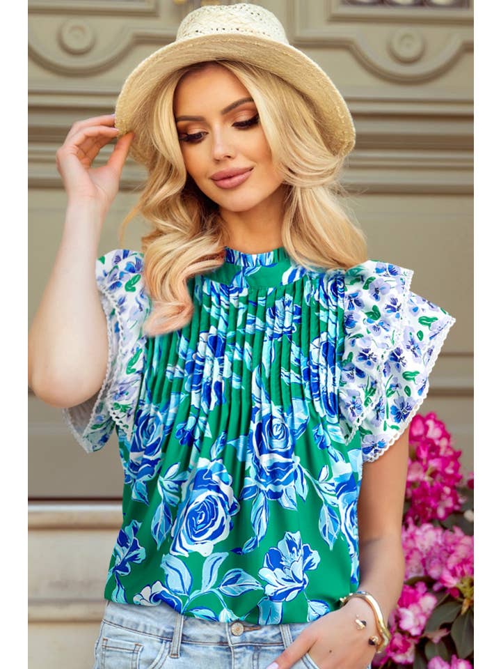 Green Floral Print Lace Trim Contrast Ruffle Sleeve Blouse for wholesale on Faire