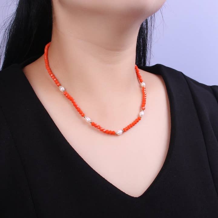Aim Eternal - Wholesale Beaded/Pearl Necklace - Multifaceted Red Bead Baroque Pearl 16.5 Inch Choker Chain Necklace | WA-450 Clearance Pricing1