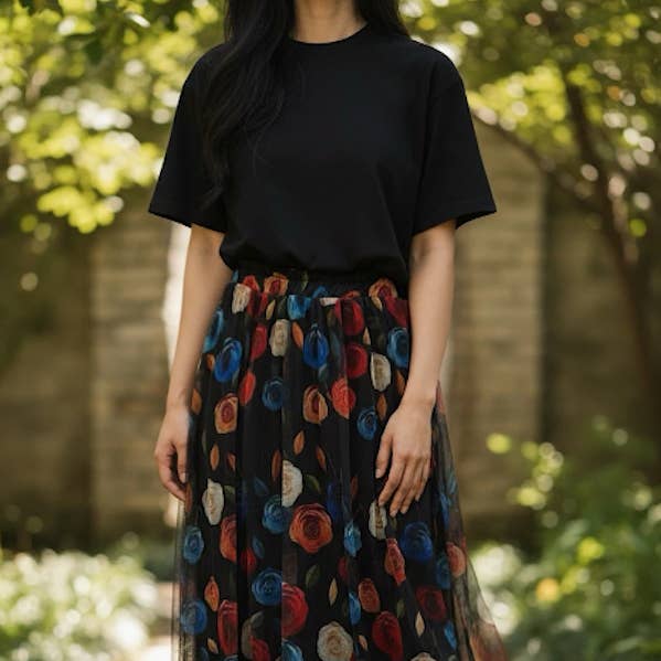 ELFMSBF Italian One Size Whimsical Bloom Tulle Skirt Black for wholesale by LOOWIE