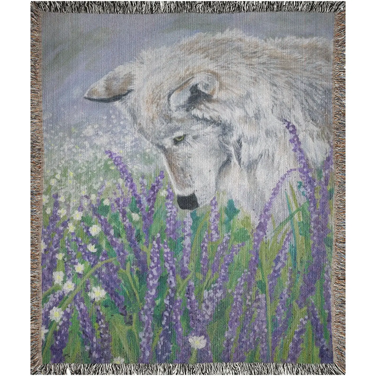 Blue Lavender Wolf Cottagecore Woven Afghan Blanket Tapestry for wholesale on Faire0