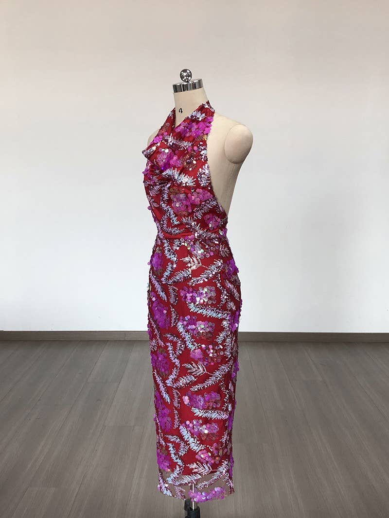 Color as pictures DR546 Vibrant Sequin Floral Embroidered Mesh Halter Dress for wholesale on Faire4