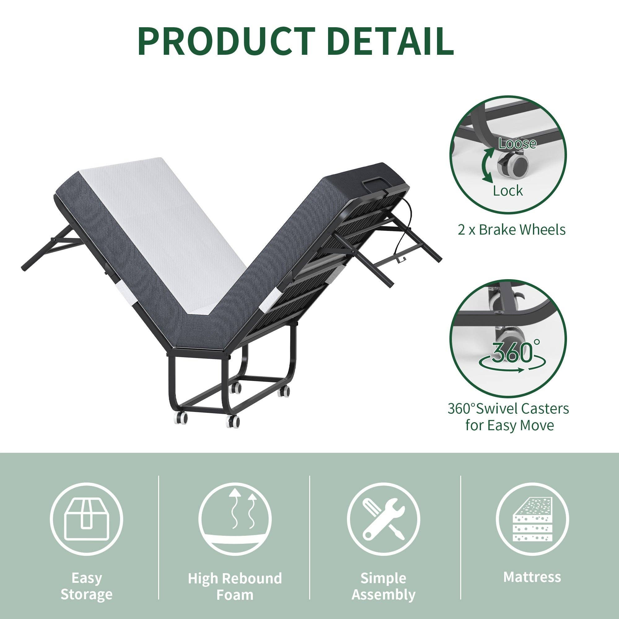 39F Inc. - Wholesale Bed - Twin Folding Bed:Memory Foam Mattress+Sturdy Metal Frame9