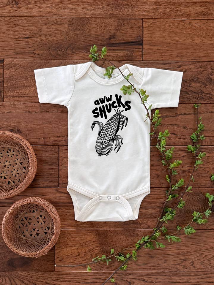 Aww Shucks, baby bodysuit, 100% Organic Cotton for wholesale by Birds Kept North