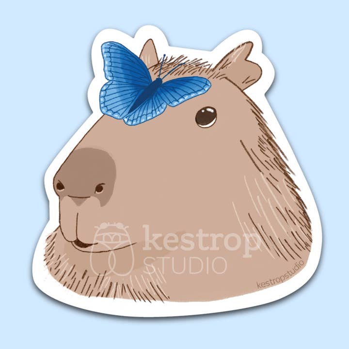 Capybara and Butterfly Vinyl Sticker for wholesale by Kestrop Studio