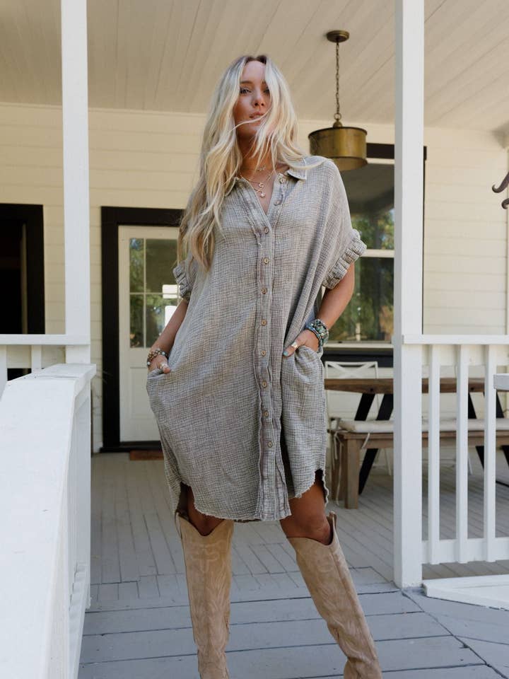 Three Bird Nest - Wholesale Dress - Women's - Heavenly Days Button Up Dress - Mushroom
