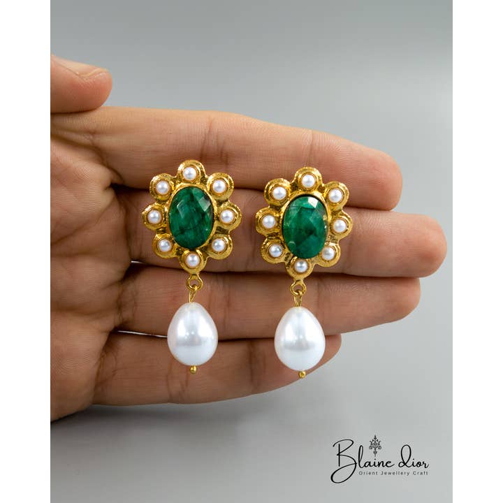 BlaineDor - Wholesale Dangle Earrings - Natural Emerald and Pearl Gold Royal İndian Earrings