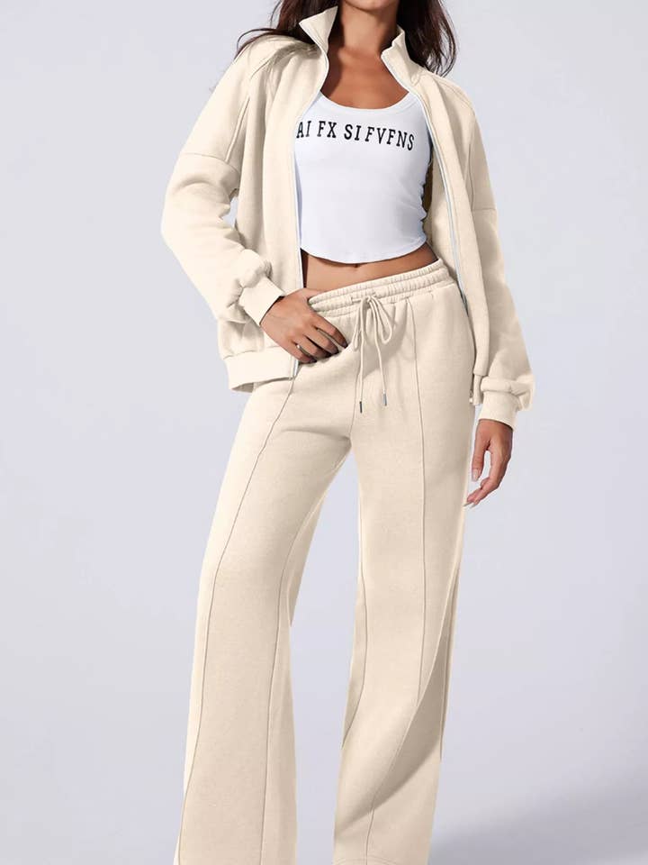 Drop Shoulder Zip Up Jacket and Drawstring Pants Active 2pcs Set for wholesale by Beyond Apparel