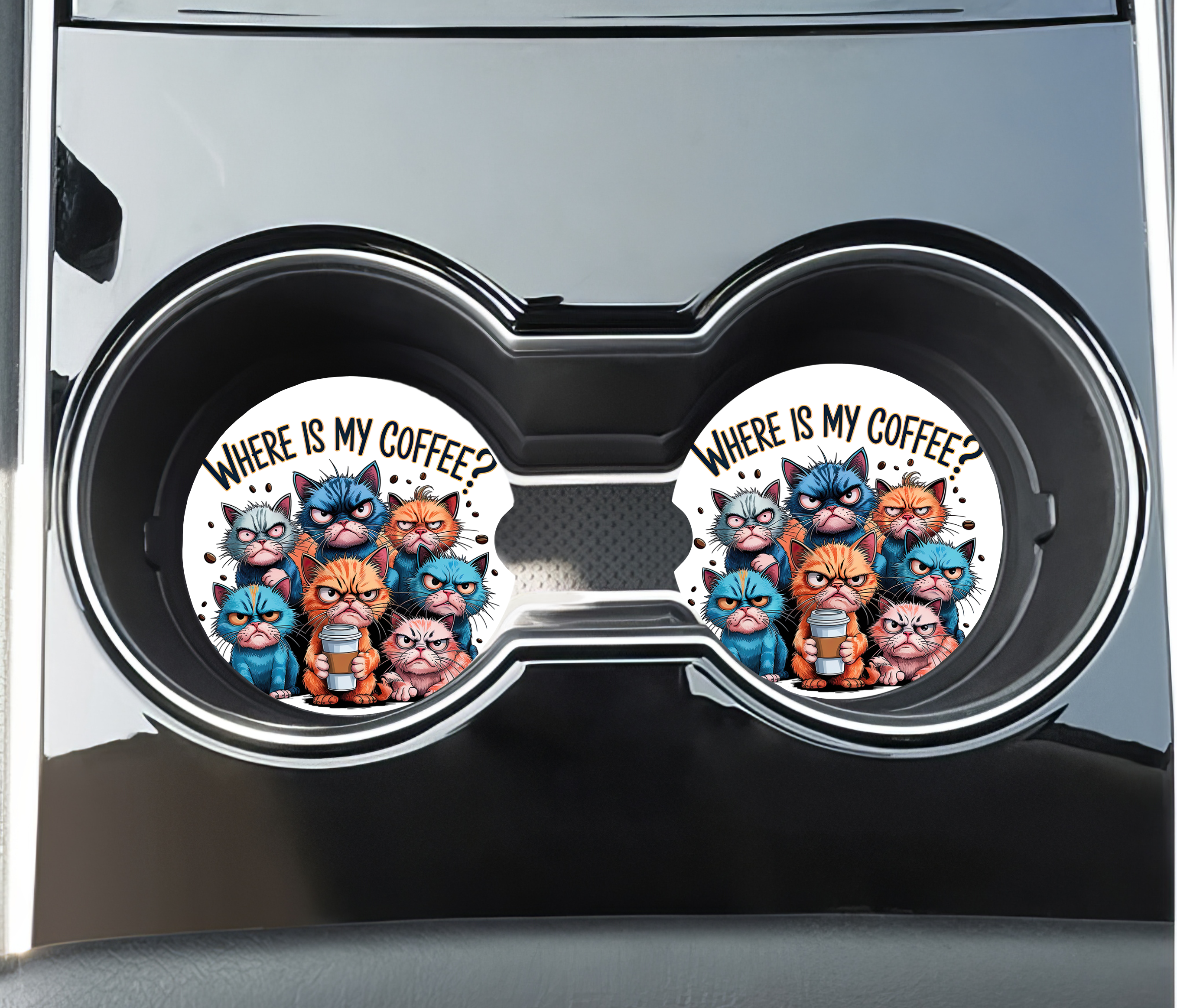 Stencil Art Canada - Wholesale Car Coaster - Unisex - Cat Coffee Car Coasters - Neoprene Set of 2 0