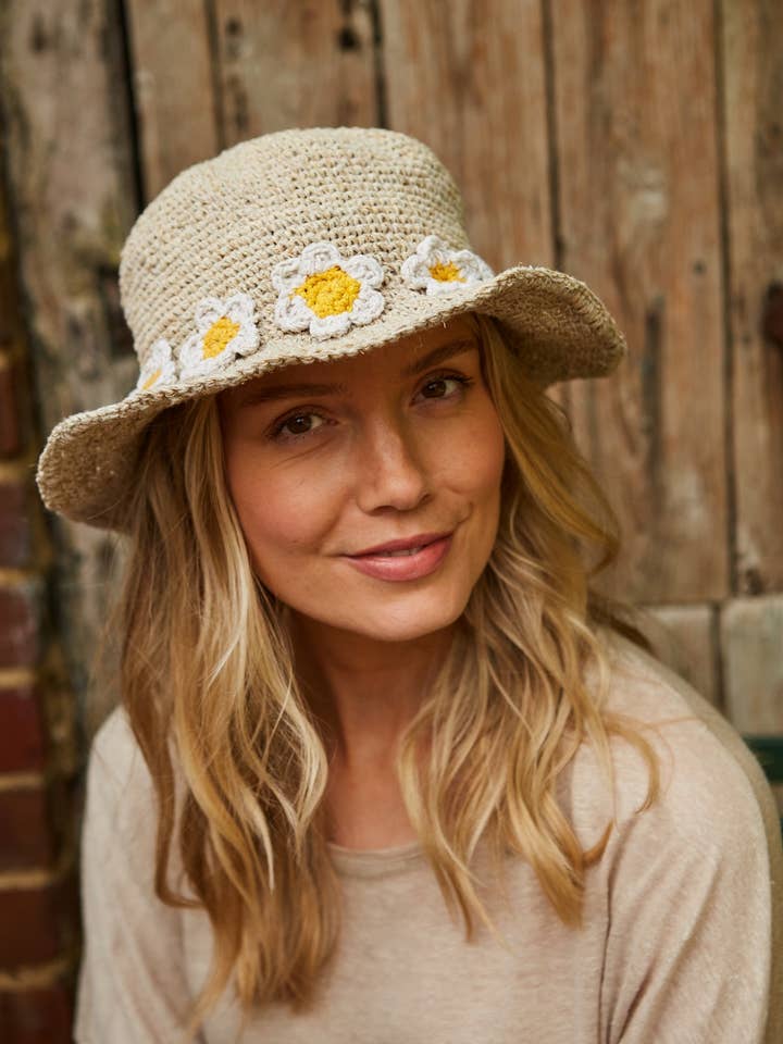Crocheted Hemp Cotton Sun Hat Embroidered Daisy Chain Oat for wholesale by Pachamama Ltd