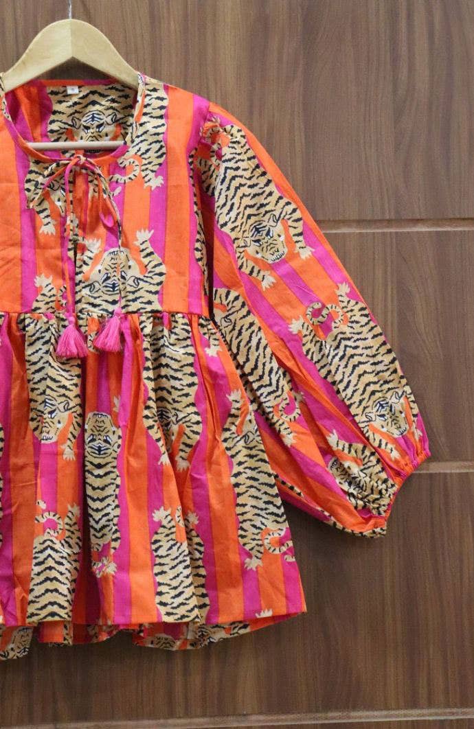 bhavnas boutique - Vendita all'ingrosso Vestito - Donna - Vestito midi con stampa a blocchi Arancione a righe e tigri4