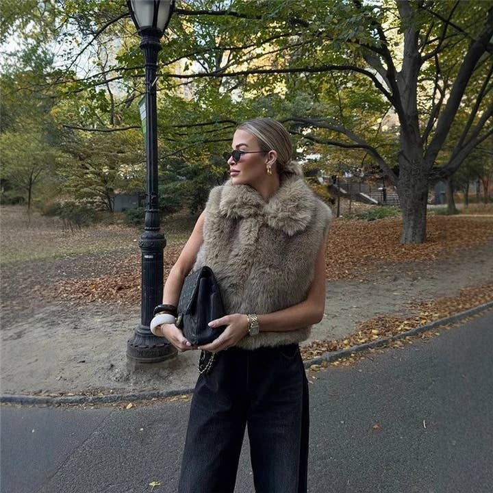 KHAKI Stylish Faux Fur Vest In Solid Color for wholesale on Faire
