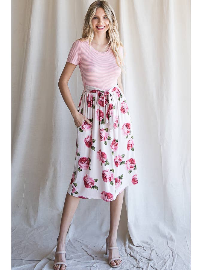 7th Ray - Wholesale Dress - Women's - Floral Waist Tie Short Sleeve A-Line Midi Dress D41998