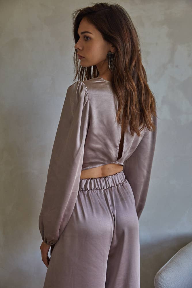 Mocha L5919 | Woven Satin Front Tie Detail Crop Top for wholesale on Faire3