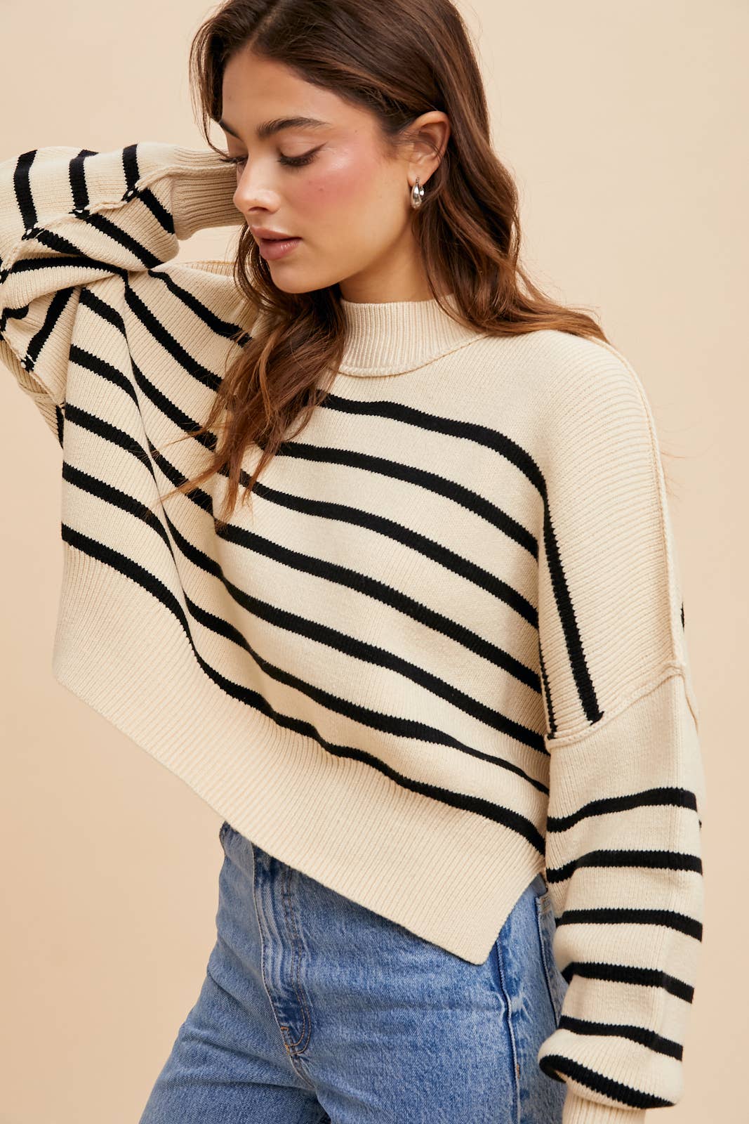 In Loom - Vente Pull en maille – femme - Pull rayé court à col montant3