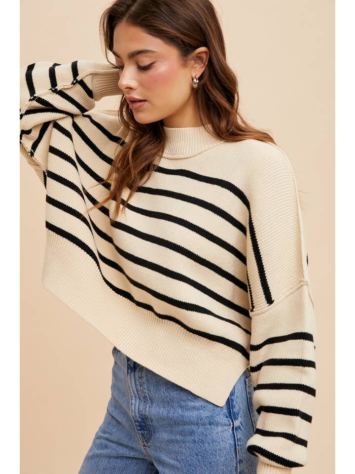 In Loom - Vente Pull en maille – femme - Pull rayé court à col montant3