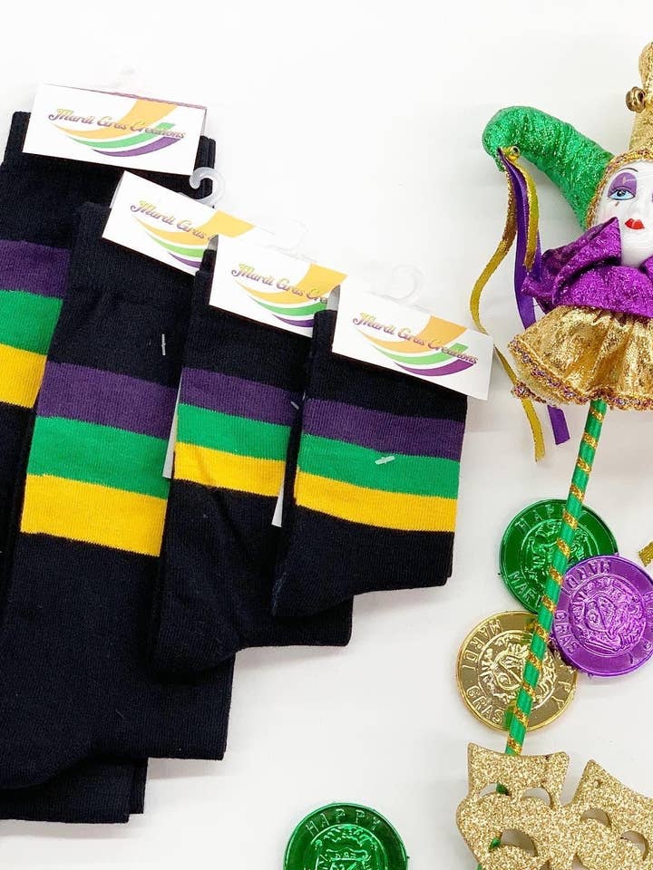 Calcetines negros a rayas moradas, verdes y doradas (adultos, bebés y niños) para venta al por mayor de Mardi Gras Creations