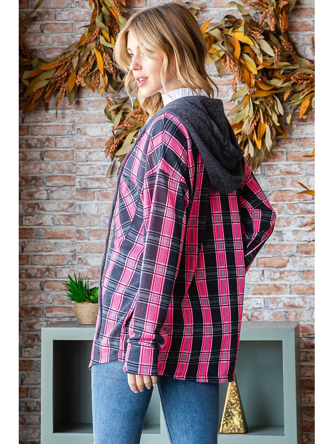 7th Ray - Wholesale Hoodie - Women's - Plaid Front Pocket Drawstring Hooded Flannel T5314