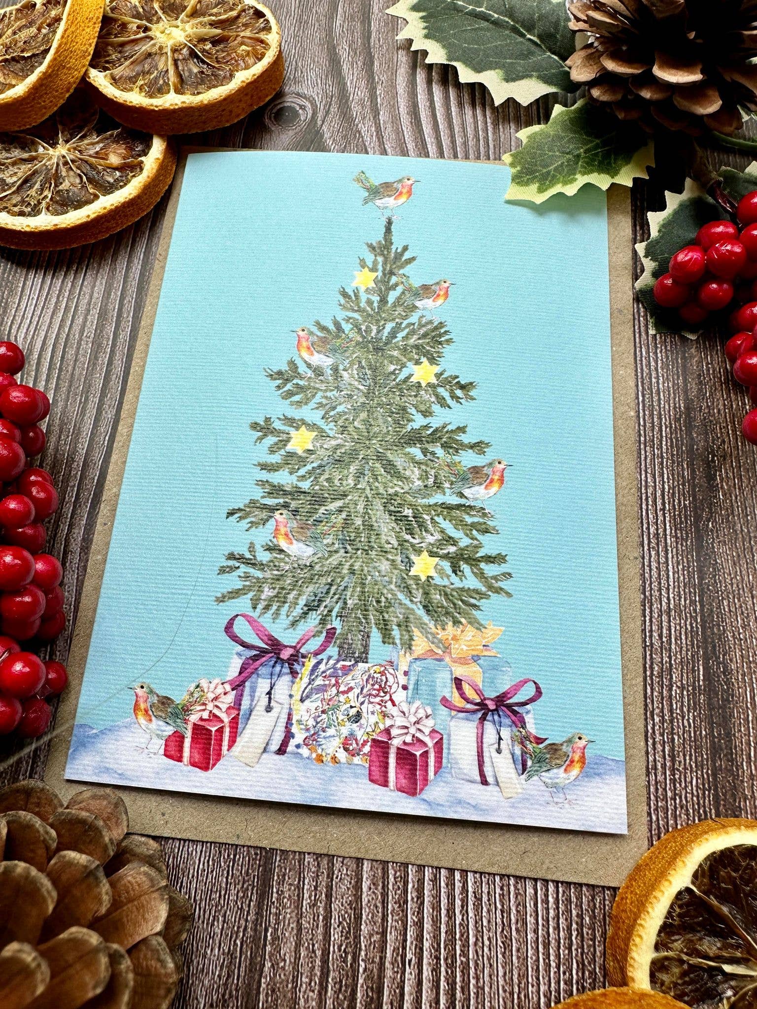 Jen Winnett Eco Artist - Wholesale Christmas Card - Robin Christmas Tree  Eco Friendly Art Card cute colourful1