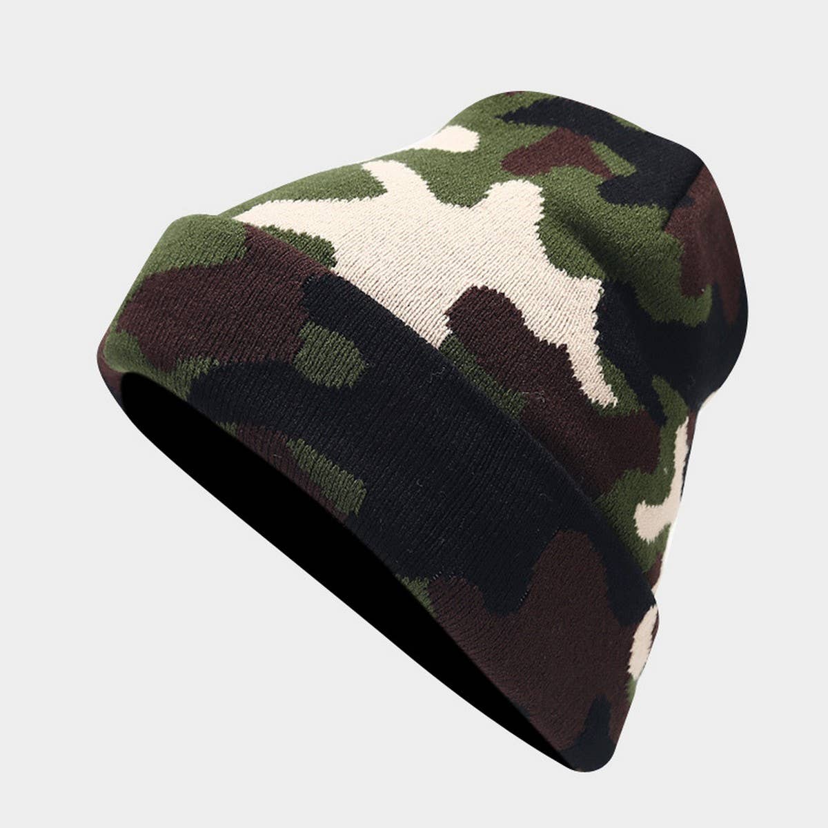 ACCITY - Wholesale Beanie - Unisex - CAMOUFLAGE JACQUARD ROLLED BRIM BEANIE KNITTED HAT_CWAH20781