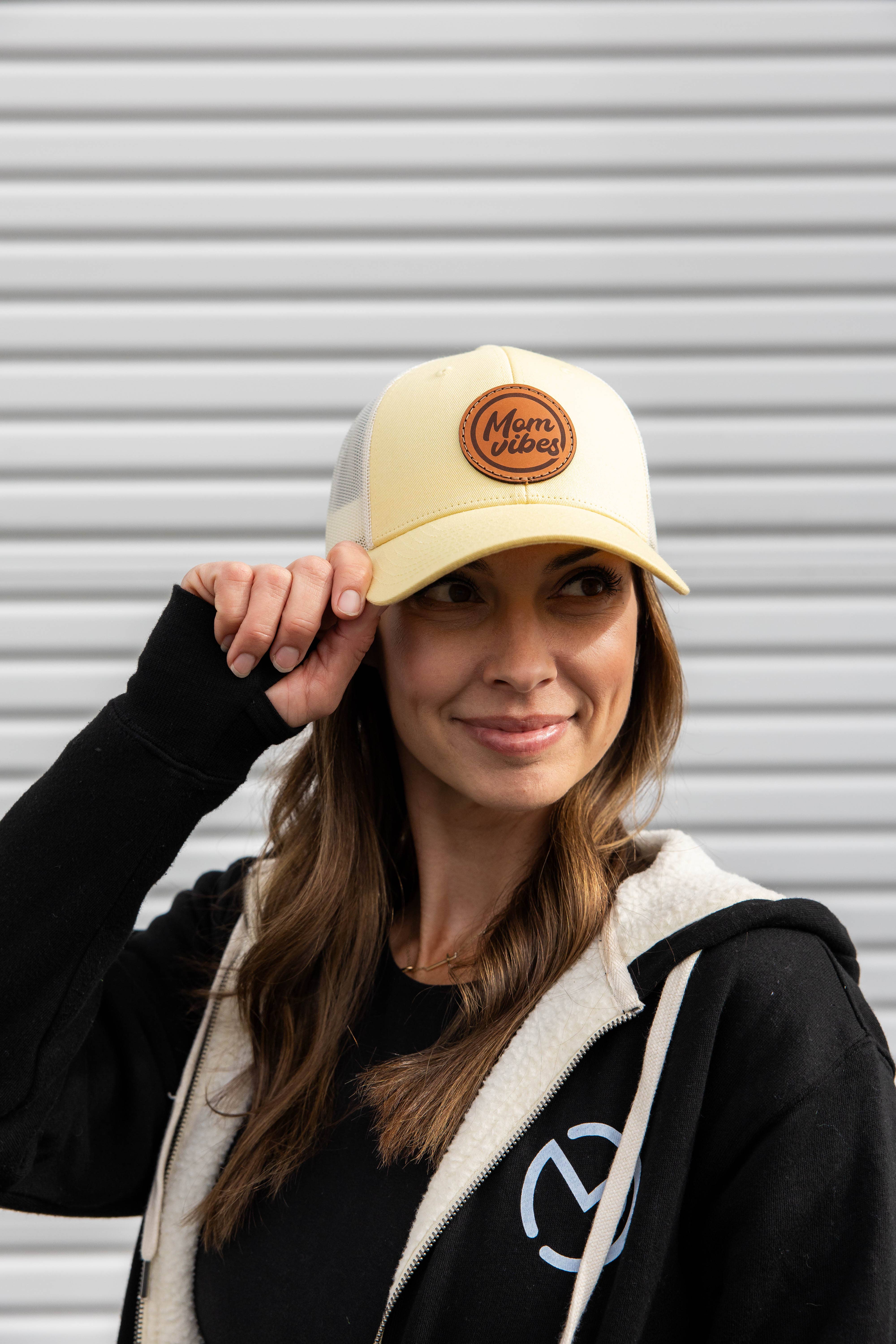 Dadbod Apparel - Wholesale Trucker Hat - Women's - MomVibes Circle Patch - Curved Bill Trucker Snapback (Pale Yellow/Cream)0