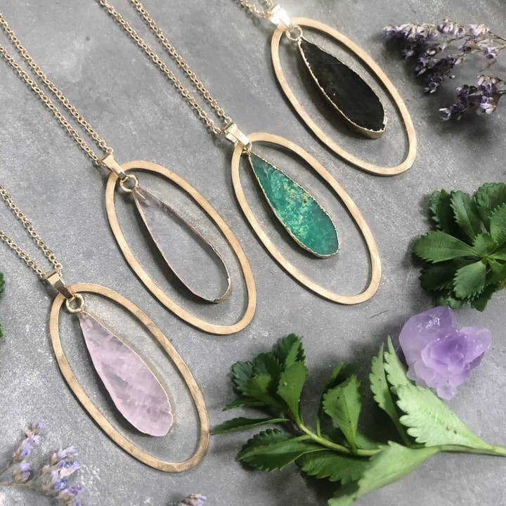 GeoMetricGem - Wholesale Pendant/Charm Necklace - Otisco Necklace ~ Gem Slice - Clear Rose Quartz Chrysopras