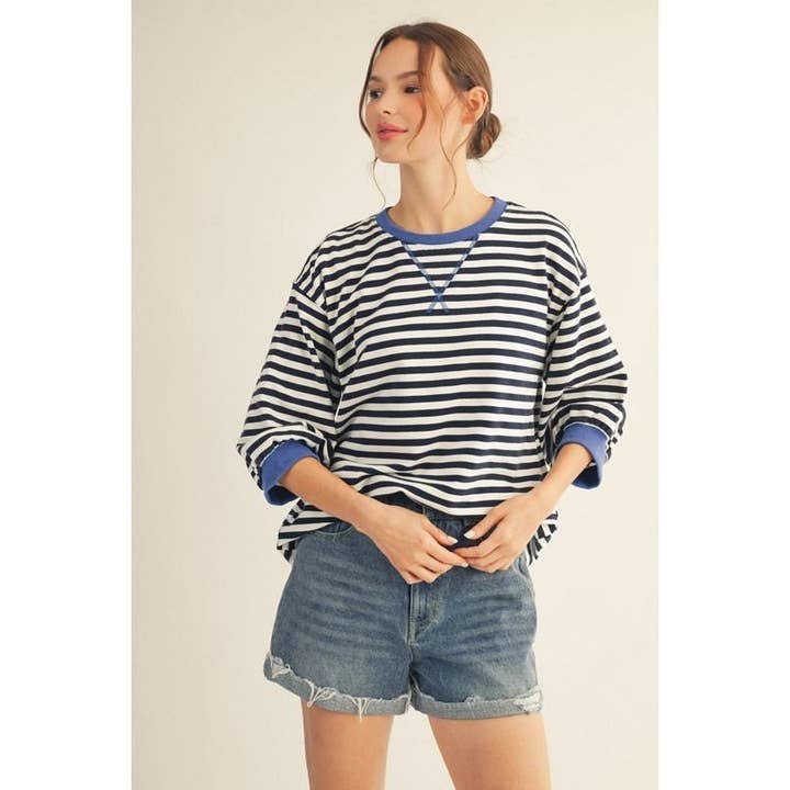 Top casual às riscas com mangas 3/4 para mulher por atacado de Upmost