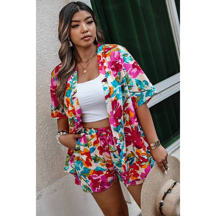 Elings - Wholesale Top & Short Set (NOT Loungewear) - Women's - Plus Size Floral Print Open Front Shorts Sets