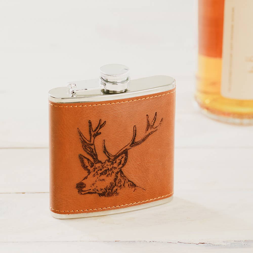Selbrae House Ltd - Wholesale Flask - Stag Engraved Leather Wrapped Hipflask1