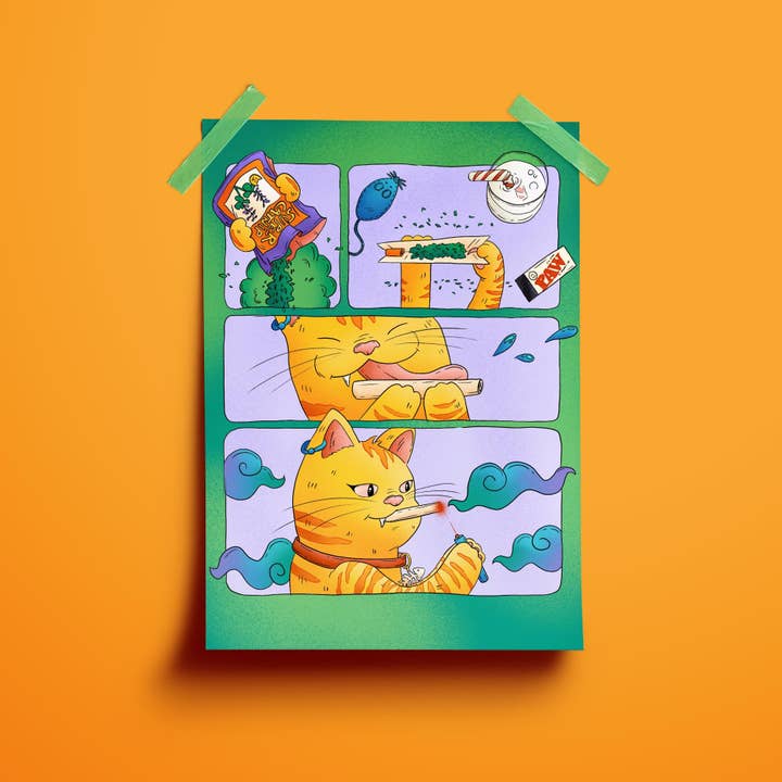 Décoration murale chat | Impression artistique drôle | Cataire haute | Décoration intérieure | Impression artistique de chat | Illustration de chat | Bande dessinée | Esthétique Stoner pour la vente par Tara Sullivan