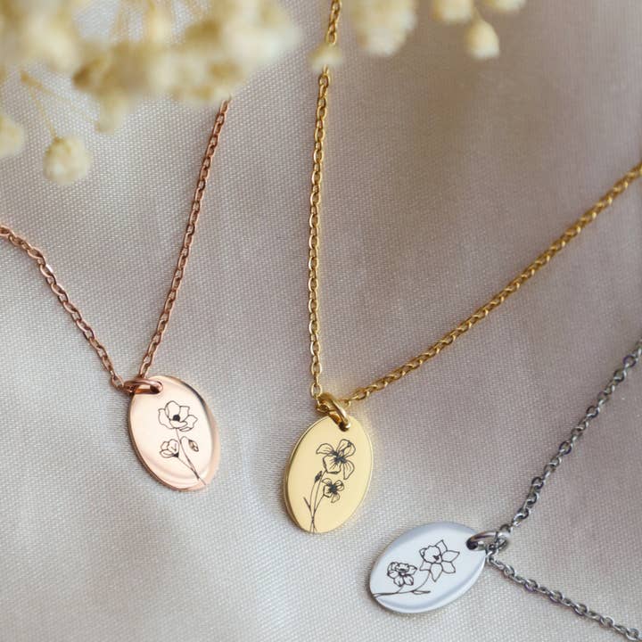 Life Prints Products – wholesale Pendant/charm necklace – Birth Month Flower Necklace: Poppy, Morning Glory, Sunflower