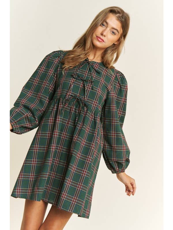 Pink Irene Wholesale - Wholesale Dress - Women's - SOFT PLAID WOVEN FABRIC BABYDOLL BOW MINI DRESS6