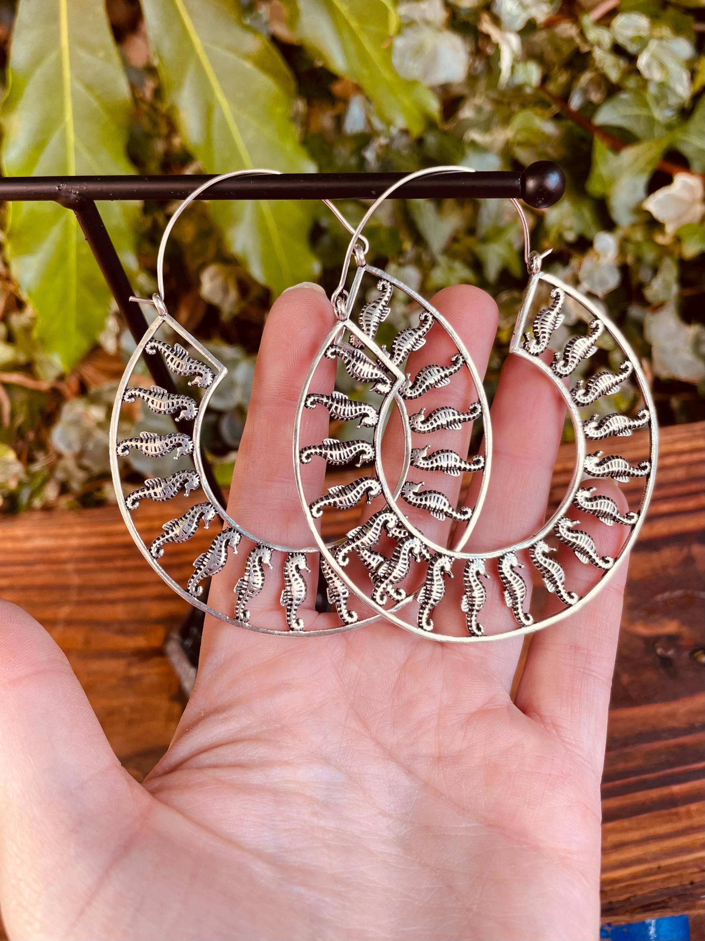 Kaali Boutique – wholesale Hoop earrings – Silver Sea Horse Earrings Extra Large Hoops / Lightweight / Unique Gift / Boho Jewellery / Ethnic / Rustic / Festival / Gypsy / Hippie3