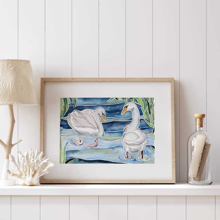 Swans on Point – Coastal Wildlife Giclée Art Print for wholesale by Petal & Lark Watercolor Co.