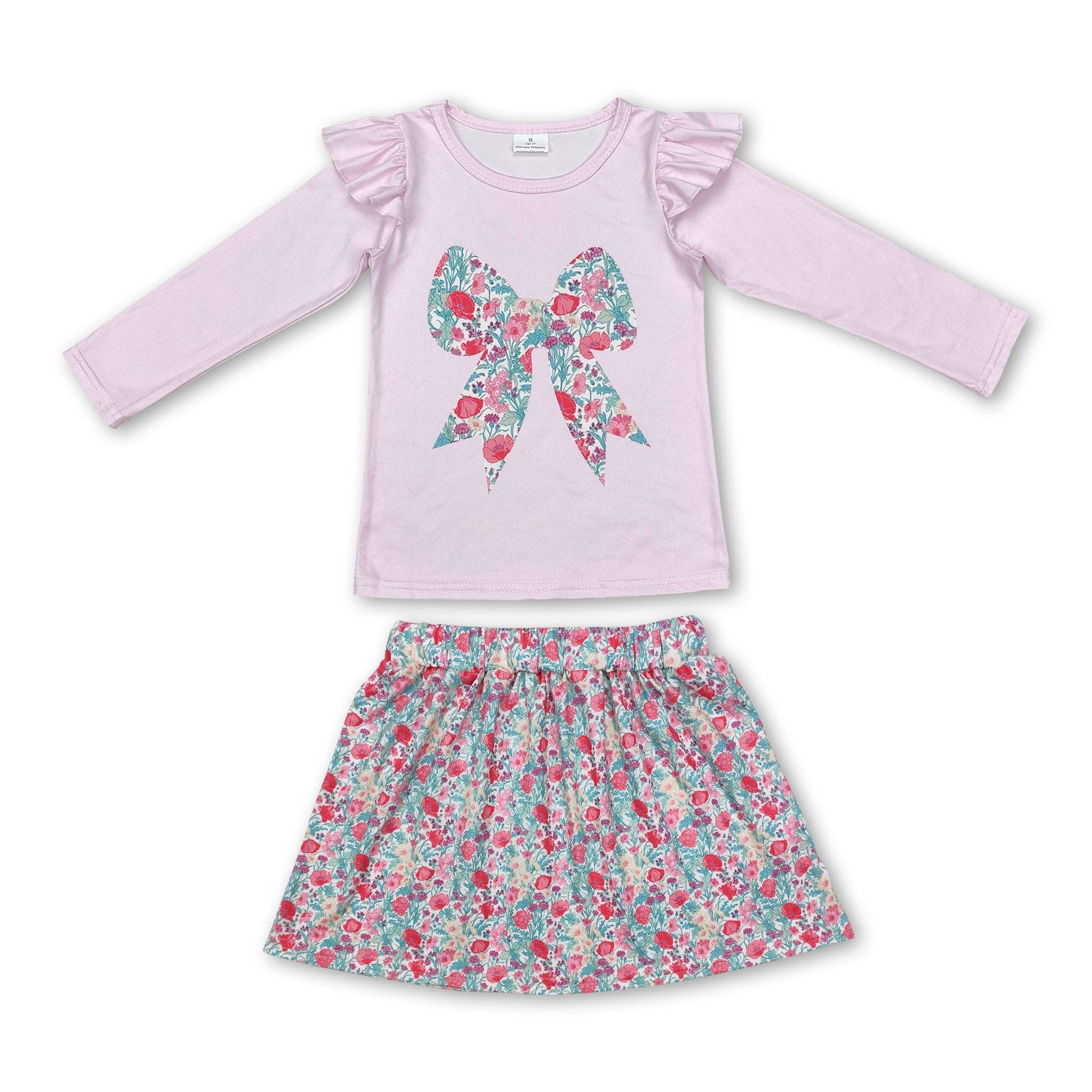 Yawoo Garments - Wholesale Top & Skirt Set - Kids - Pink long sleeves bow top floral skirt girls clothing1