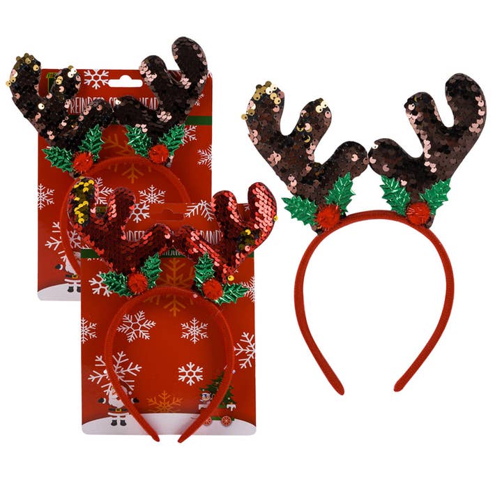 CHRISTMAS REINDEER SEQUIN HEADBAND - 9'' ASSORTED DESIGN for wholesale by Deluxe Import Trading