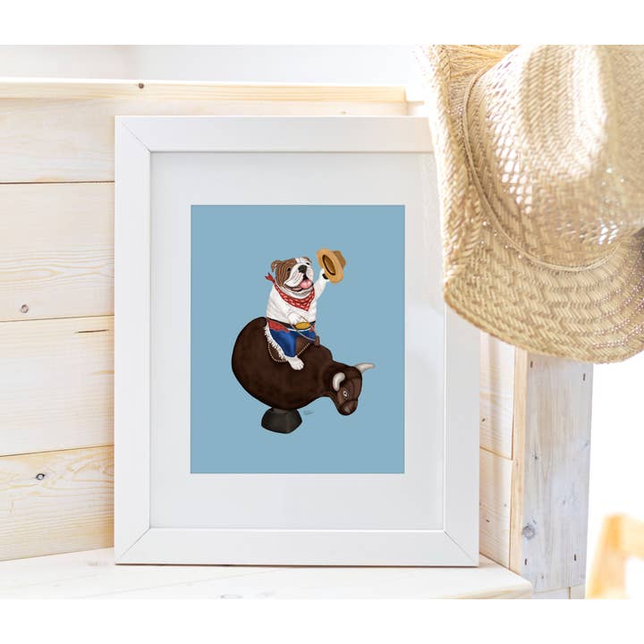 Laura Bergsma Studio – Engroshandel Kunsttryk – Engelsk Bulldog Dog Art Print, Blå Baggrundsudgave