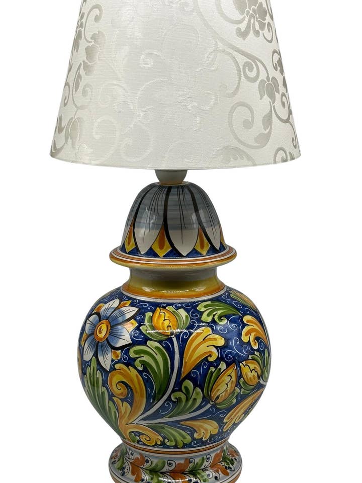 Lume Classico Ceramica Caltagirone cm H.35 L.20 Artigianale Decoro Fiore Blu per la vendita all'ingrosso da parte di DD Ceramiche Siciliane