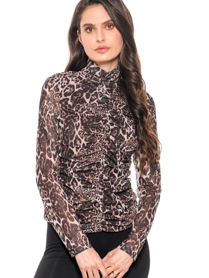 A220-D - Ruched Leopard Mesh Turtleneck Top – Fierce for wholesale by Adore
