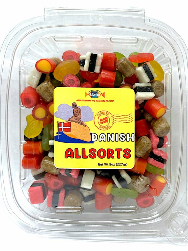 Danish Licorice Allsorts 7.5oz Tub for wholesale by Dulcefina Chocolate and Sweets
