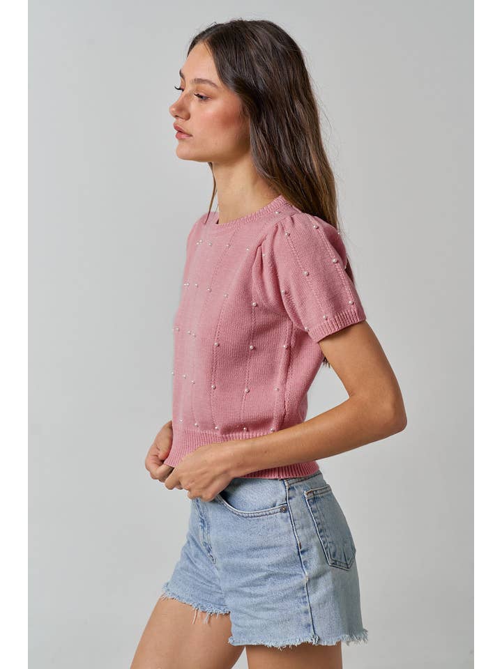 Lalavon - Wholesale Knit Top - Women's - ILT3051Â SWEATER SHORT SLEEVE TOP WITH PEARL DETAIL