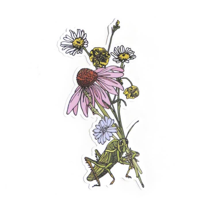 Flower Carrying Grasshopper Sticker for wholesale by Wild Life Illustration Co.