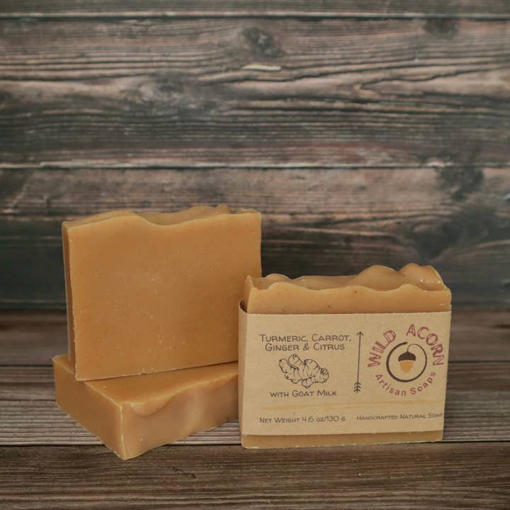 Turmeric, Carrot, Ginger & Citrus Soap with Goat Milk for wholesale by Wild Acorn Artisan Soaps LLC