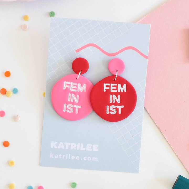 Feminist Pink and Red Polymer Clay Earrings - White Writing for wholesale by Katrilee