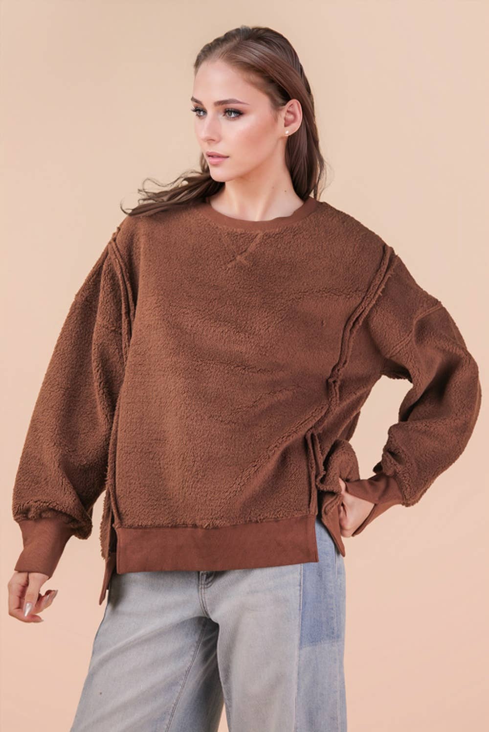 VERY J - Venta al por mayor Sudadera - Mujer - NT12367-Top de forro polar sólido casual de gran tamaño6