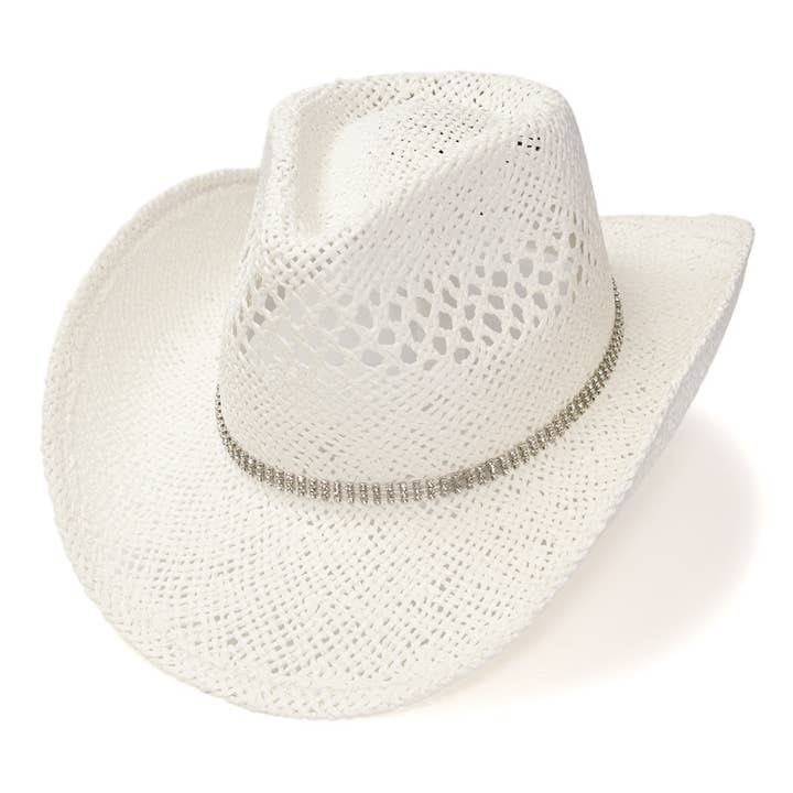 White Twisted Straw Western Hat with Rhinestone Band for wholesale by Western Express