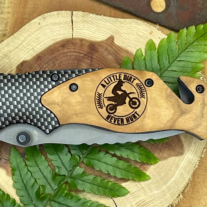 Motocross Knife for wholesale by Quail Tail Laser Art