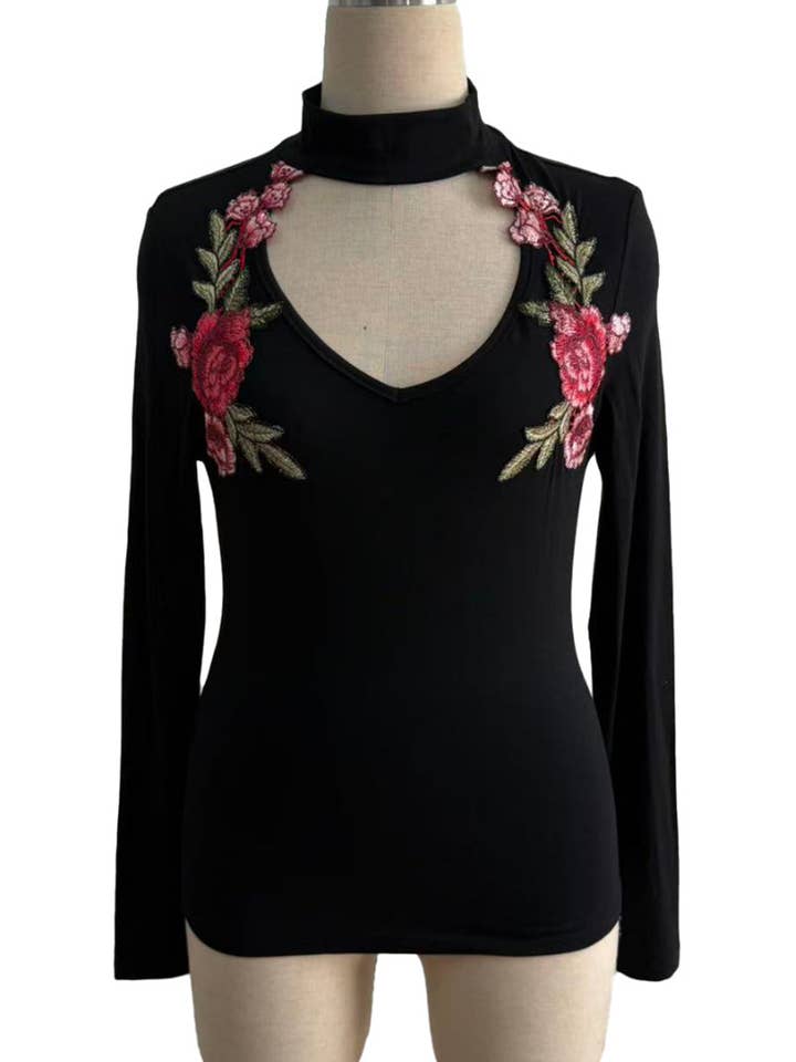 BLACK Floral High-Neck T-Shirt for wholesale on Faire4