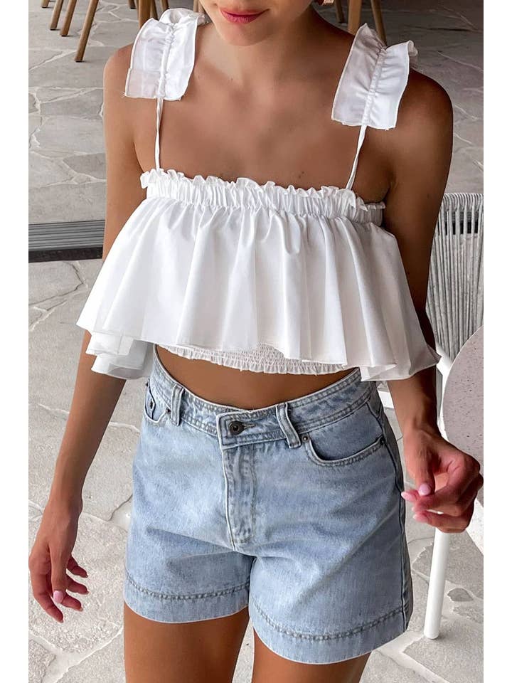 T2023ES0016- White Sleeveless Ruffle Trim Cropped Top for wholesale on Faire2