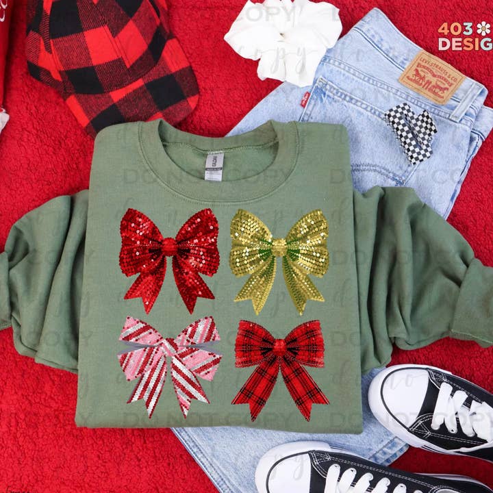 403 Designs - Wholesale Graphic Sweatshirt - Women's - Sparkly Faux Sequin Bows — Cozy Gildan Sweatshirt