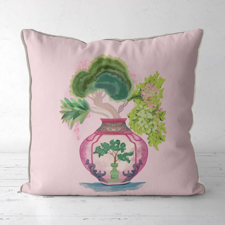 Vaso Verde Rosa 1 Almofada Chinoiserie ou Almofada exterior por atacado de FabFunky Ltd